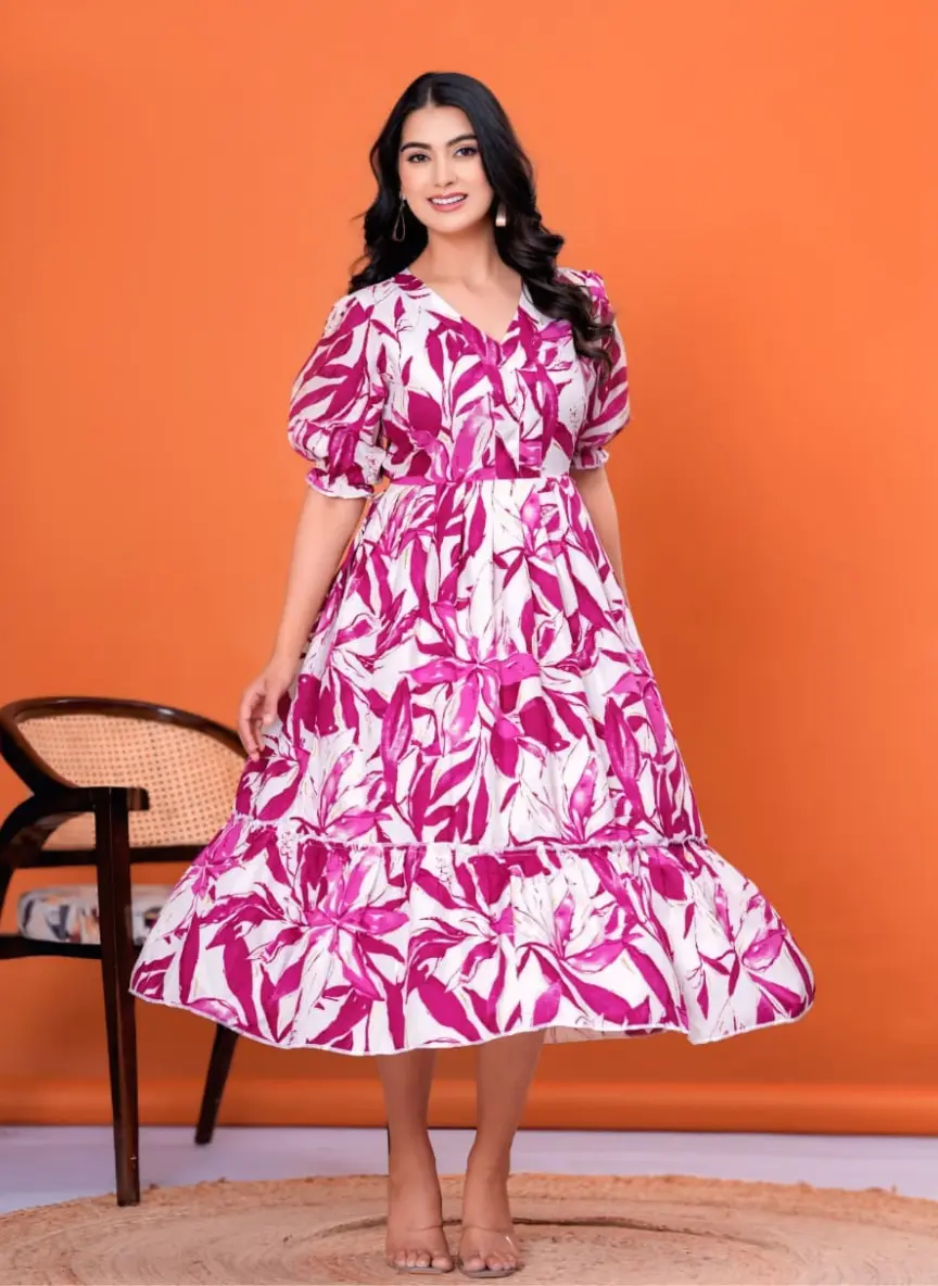 Floral Print Tiered Midi Dress for Women | Puff Sleeve Lightweight Summer Party Dress