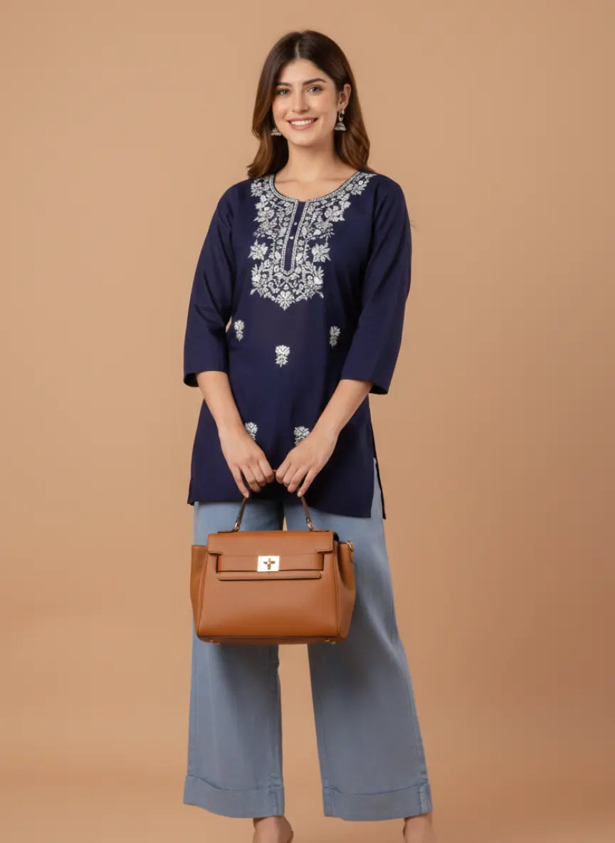 Navy Blue Rayon Embroidered Kurti for Women | Traditional Casual & Office Wear Ethnic Kurti