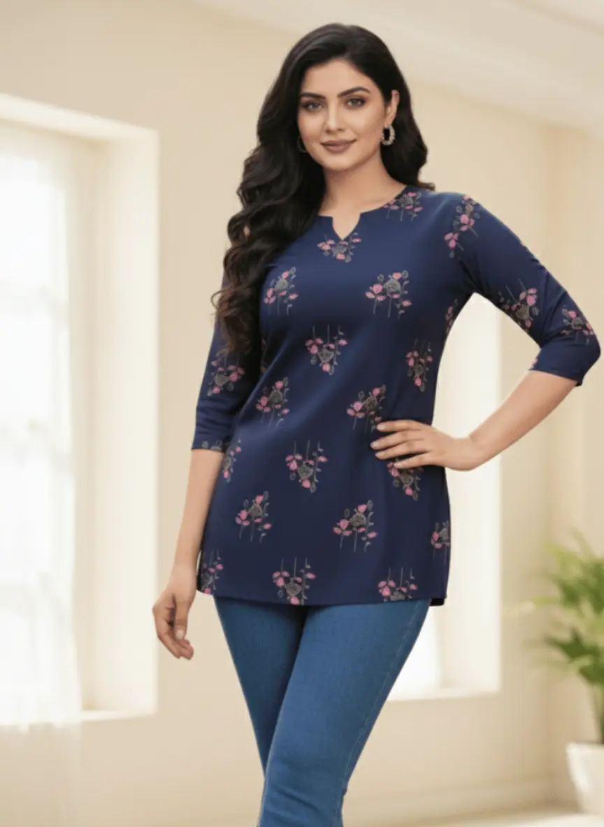 Navy Blue Floral Rayon Tunic Top for Women | Soft Rayon Daily Wear Short Kurti | Office & Casual Wear