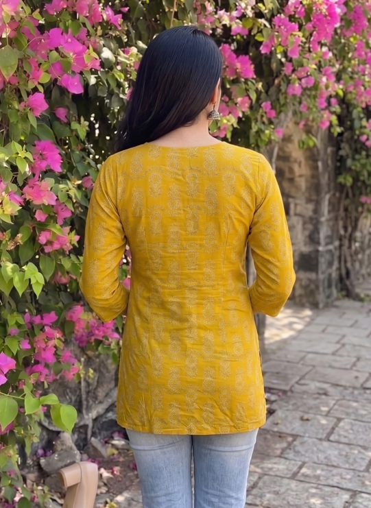 Yellow Printed Rayon Tunic Top for Women | Comfortable Daily Wear Short Kurti | Office & Casual Style